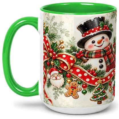 #pl[15oz|Green] Christmas Snowman Accent Mug, Ceramic Cup with Red Bow Artwork