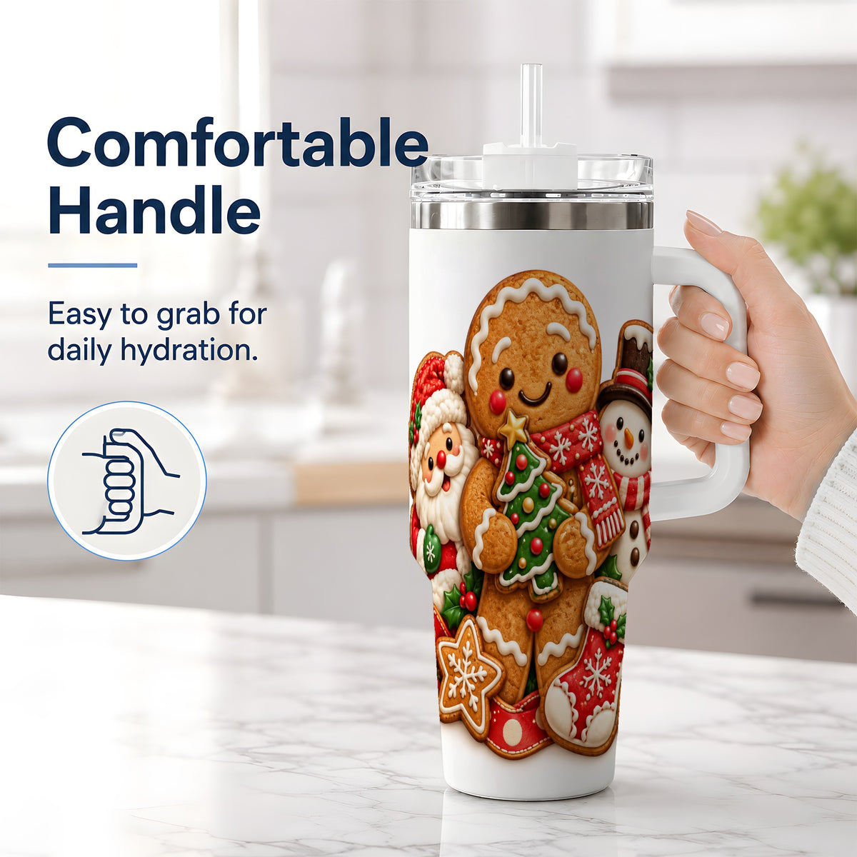 #pl[40oz|White] Gingerbread Christmas Handled Tumbler, 40oz Festive Drinkware