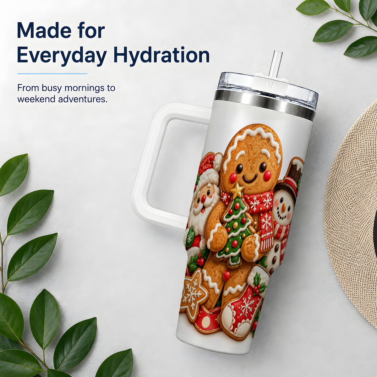 Gingerbread Christmas Handled Tumbler, 40oz Festive Drinkware