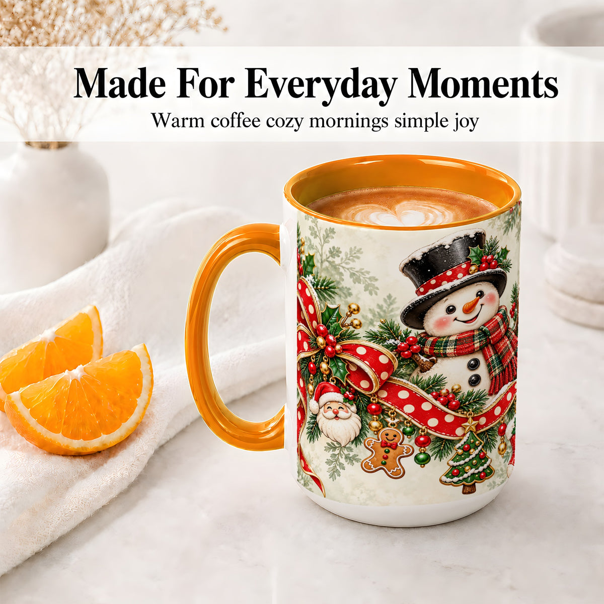 #pl[15oz|Orange] Christmas Snowman Accent Mug, Ceramic Cup with Red Bow Artwork