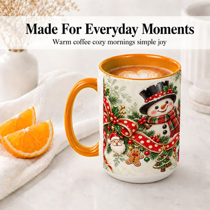 #pl[15oz|Orange] Christmas Snowman Accent Mug, Ceramic Cup with Red Bow Artwork