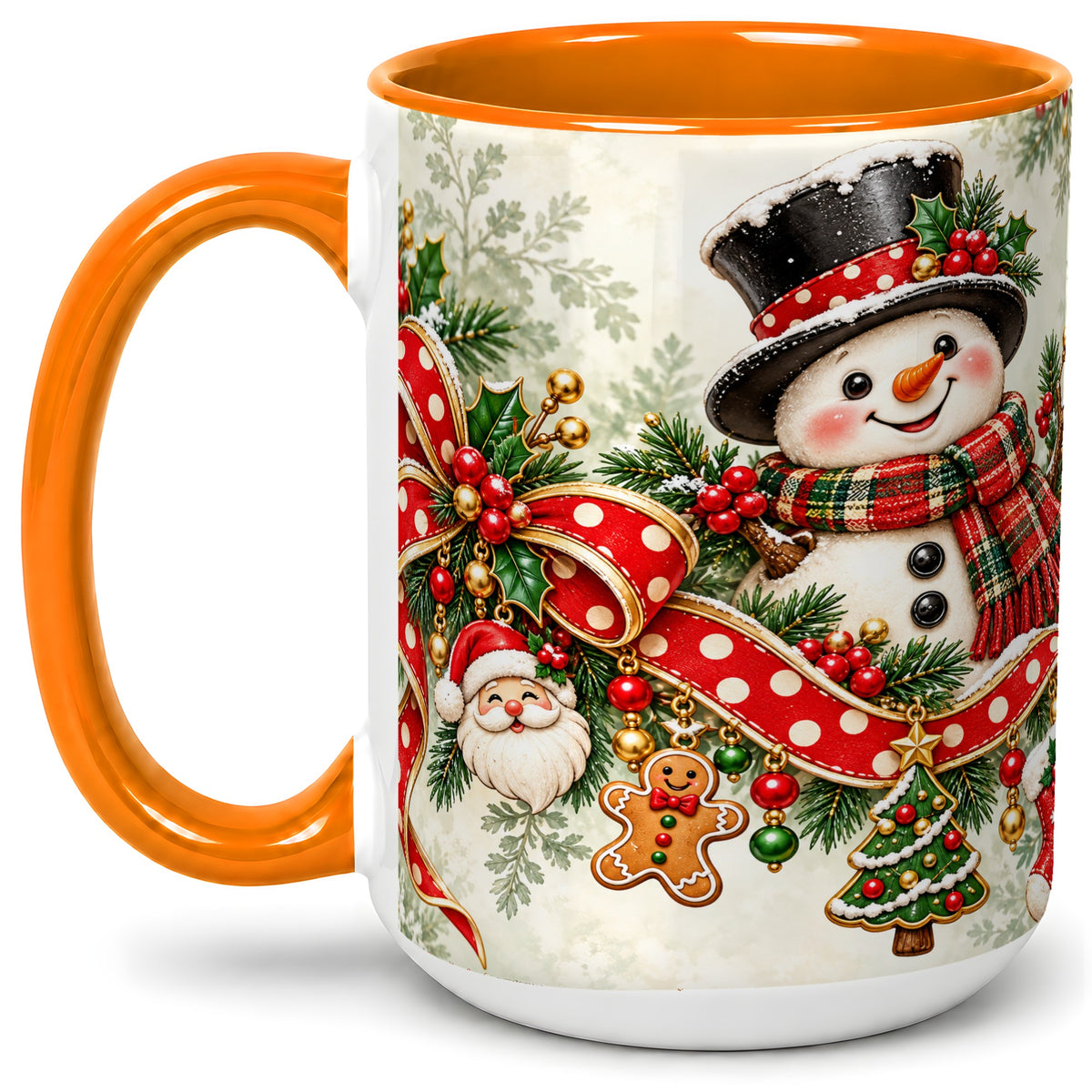 #pl[15oz|Orange] Christmas Snowman Accent Mug, Ceramic Cup with Red Bow Artwork