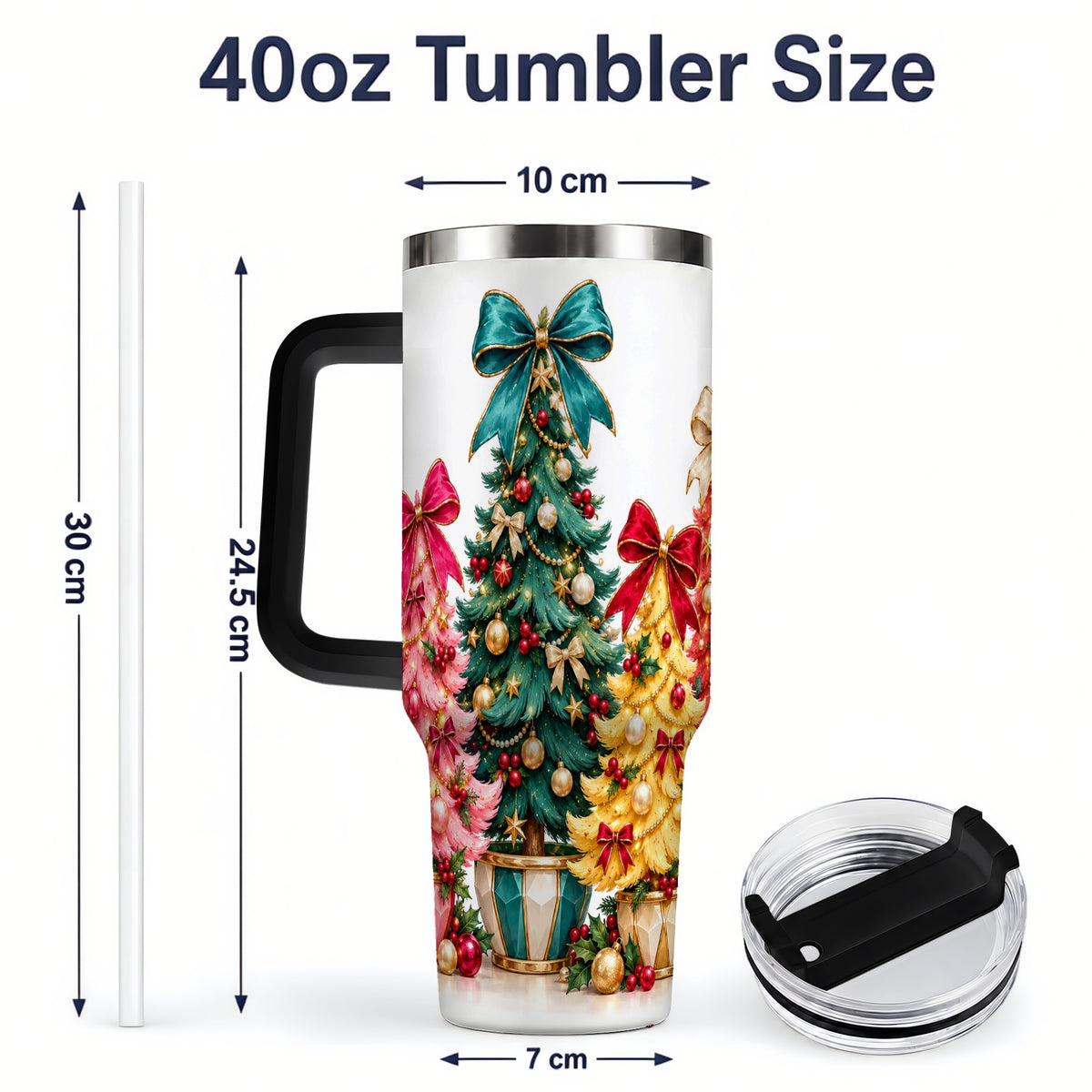#pl[40oz|Black] Colorful Christmas Trees Handled Tumbler, 40oz Holiday Drinkware