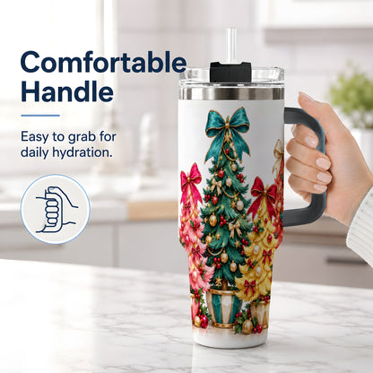 #pl[40oz|Black] Colorful Christmas Trees Handled Tumbler, 40oz Holiday Drinkware