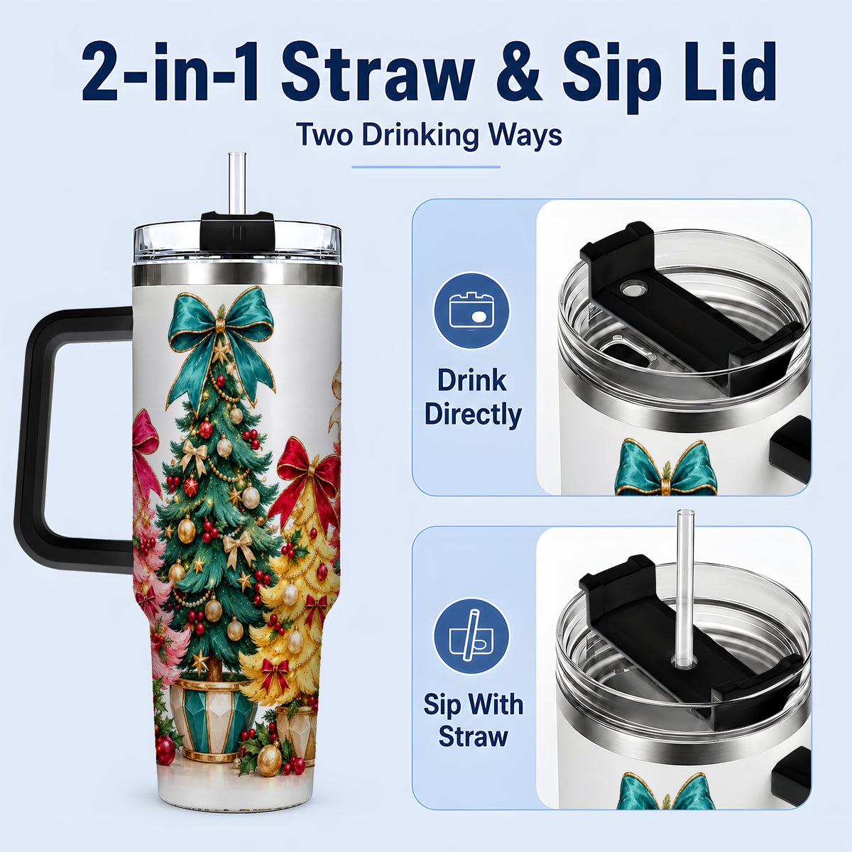 #pl[40oz|Black] Colorful Christmas Trees Handled Tumbler, 40oz Holiday Drinkware