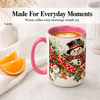 #pl[15oz|Pink] Christmas Snowman Accent Mug, Ceramic Cup with Red Bow Artwork