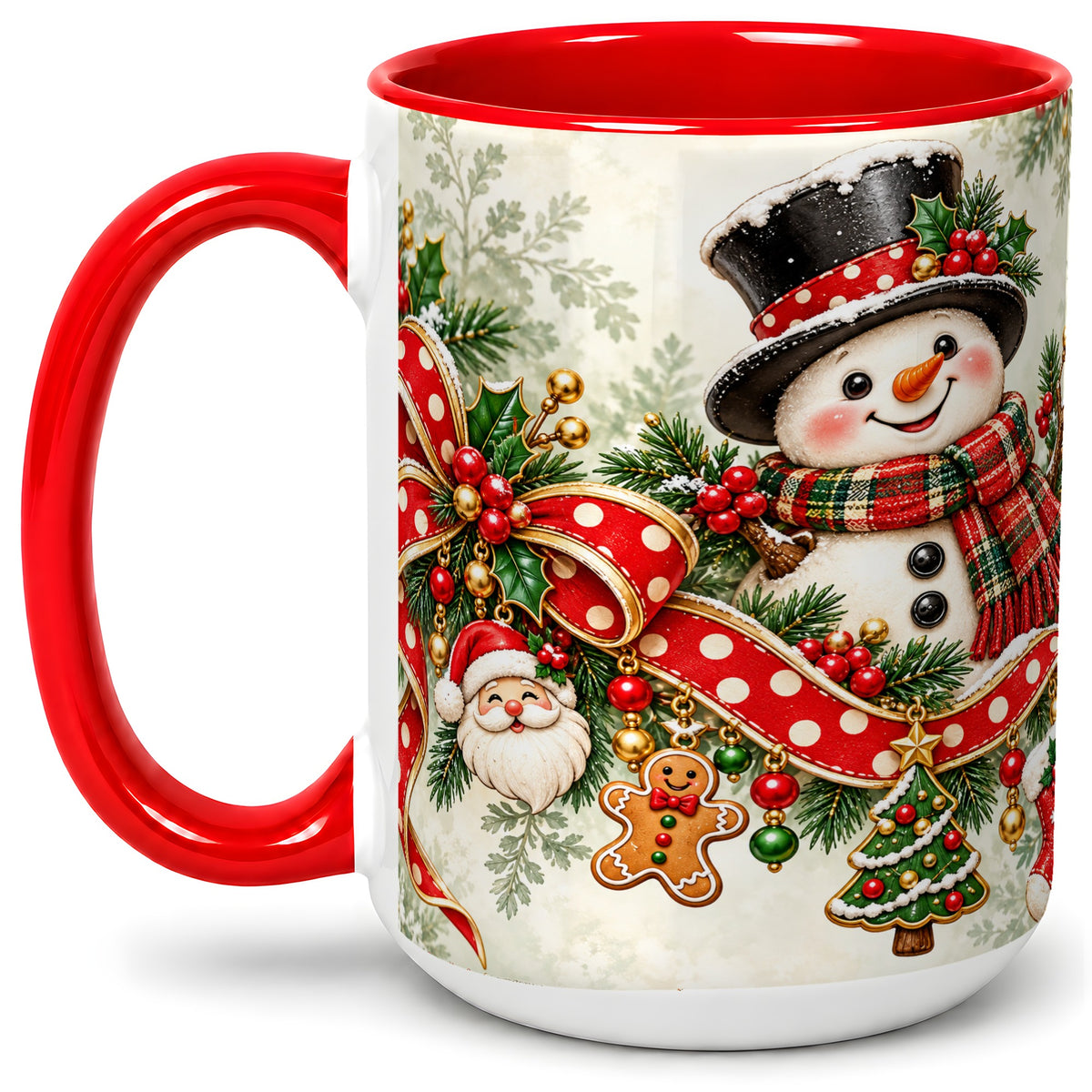 #pl[15oz|Red] Christmas Snowman Accent Mug, Ceramic Cup with Red Bow Artwork