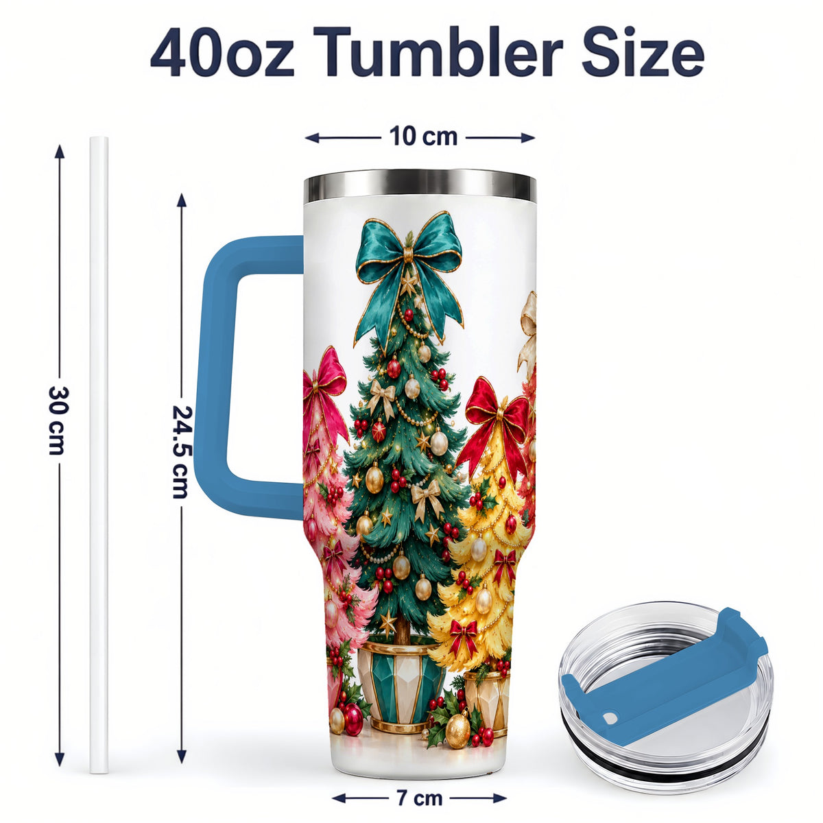 #pl[40oz|Blue] Colorful Christmas Trees Handled Tumbler, 40oz Holiday Drinkware