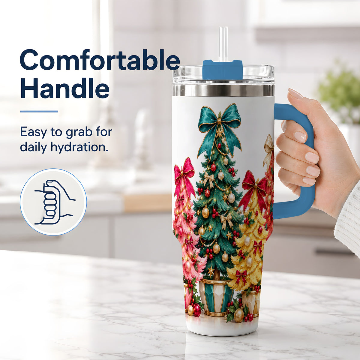 #pl[40oz|Blue] Colorful Christmas Trees Handled Tumbler, 40oz Holiday Drinkware