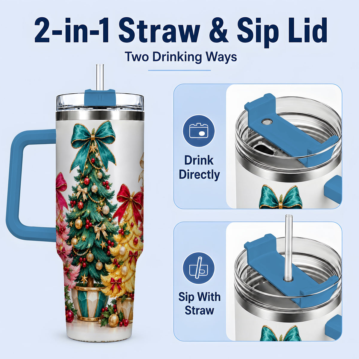 #pl[40oz|Blue] Colorful Christmas Trees Handled Tumbler, 40oz Holiday Drinkware