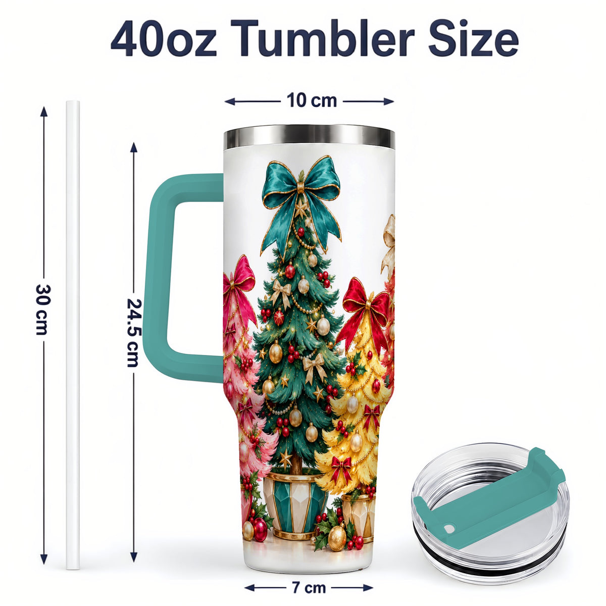 #pl[40oz|Green] Colorful Christmas Trees Handled Tumbler, 40oz Holiday Drinkware