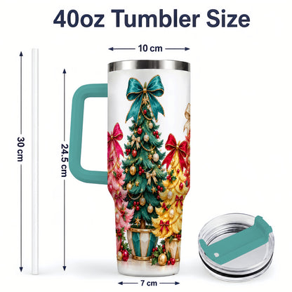 #pl[40oz|Green] Colorful Christmas Trees Handled Tumbler, 40oz Holiday Drinkware