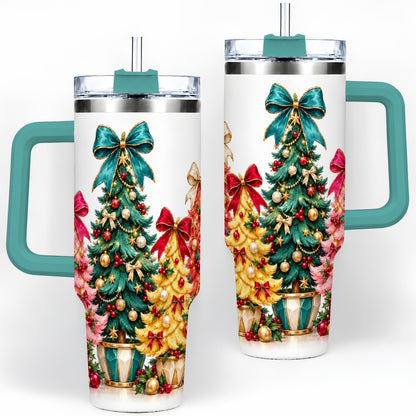 #pl[40oz|Green] Colorful Christmas Trees Handled Tumbler, 40oz Holiday Drinkware