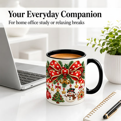 #pl[11oz|Black] Christmas Bow Ornaments Accent Mug, Ceramic Holiday Coffee Cup