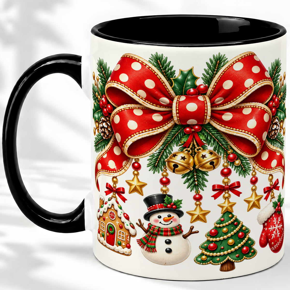 #pl[11oz|Black] Christmas Bow Ornaments Accent Mug, Ceramic Holiday Coffee Cup