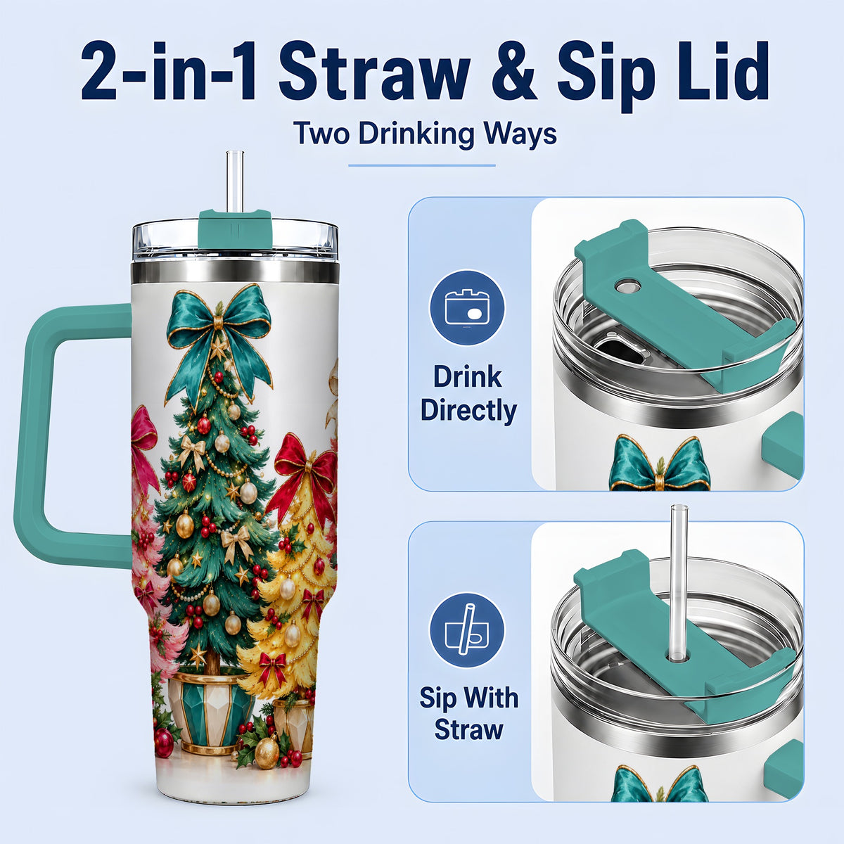 #pl[40oz|Green] Colorful Christmas Trees Handled Tumbler, 40oz Holiday Drinkware