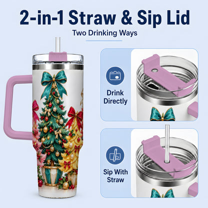 #pl[40oz|Pink] Colorful Christmas Trees Handled Tumbler, 40oz Holiday Drinkware