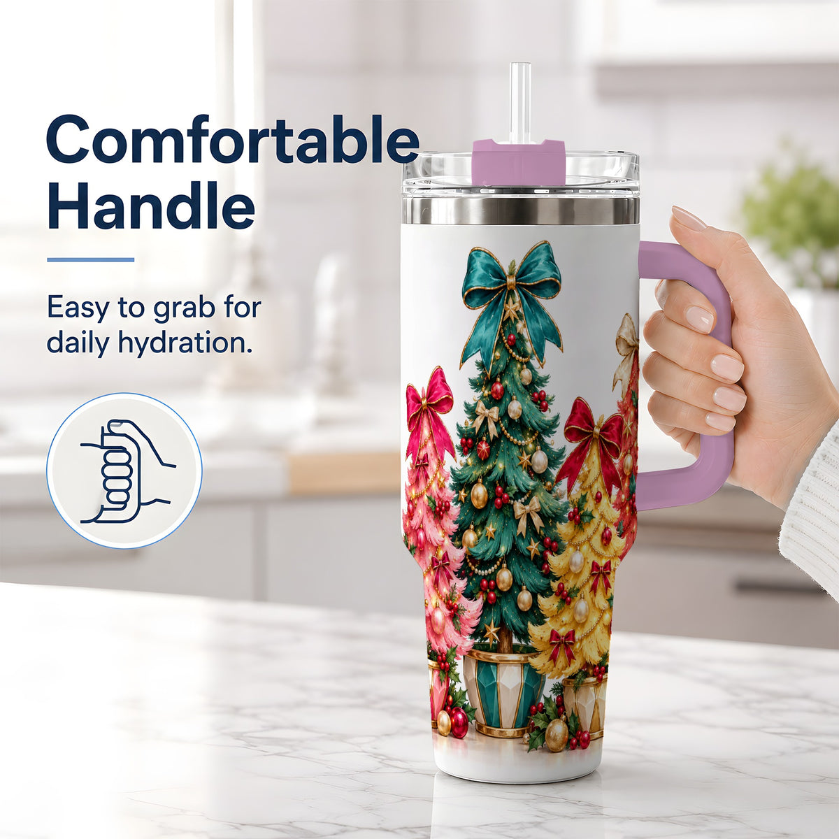 #pl[40oz|Pink] Colorful Christmas Trees Handled Tumbler, 40oz Holiday Drinkware
