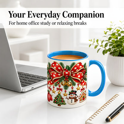 #pl[11oz|Blue] Christmas Bow Ornaments Accent Mug, Ceramic Holiday Coffee Cup
