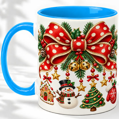 #pl[11oz|Blue] Christmas Bow Ornaments Accent Mug, Ceramic Holiday Coffee Cup
