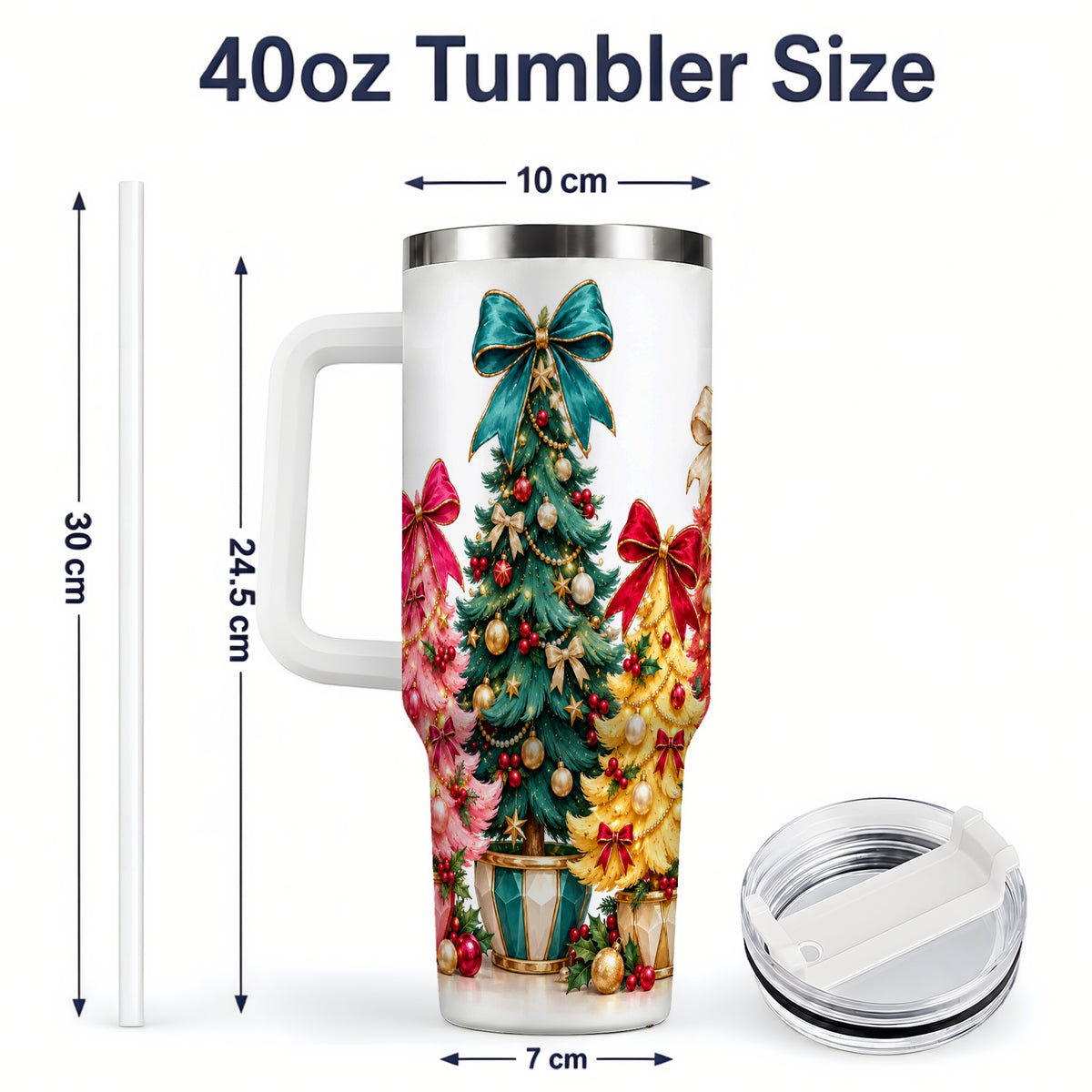 #pl[40oz|White] Colorful Christmas Trees Handled Tumbler, 40oz Holiday Drinkware