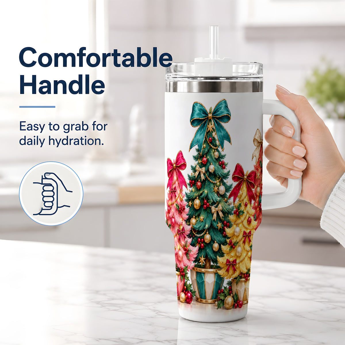 #pl[40oz|White] Colorful Christmas Trees Handled Tumbler, 40oz Holiday Drinkware