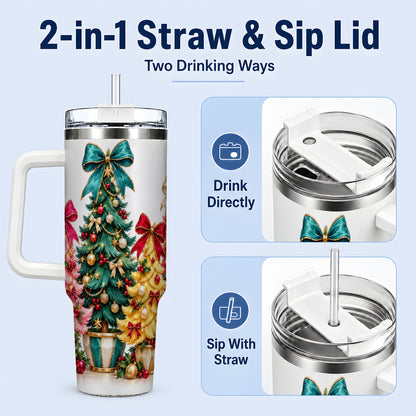 #pl[40oz|White] Colorful Christmas Trees Handled Tumbler, 40oz Holiday Drinkware