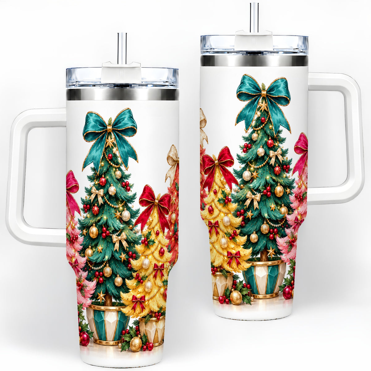 Colorful Christmas Trees Handled Tumbler, 40oz Holiday Drinkware