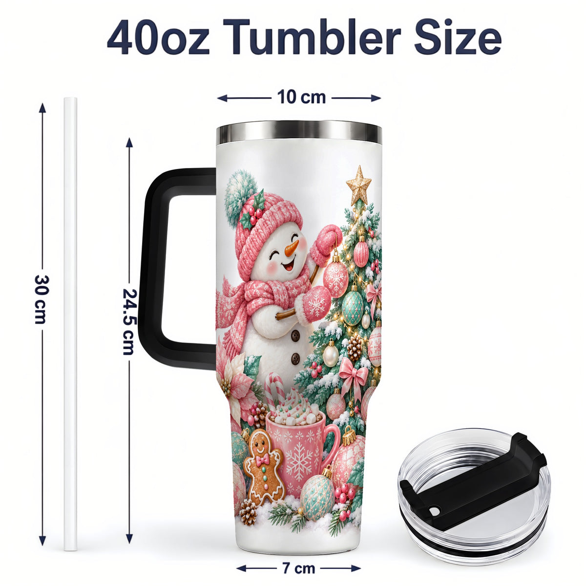 #pl[40oz|Black] Pink Snowman Christmas Handled Tumbler, 40oz Winter Drinkware