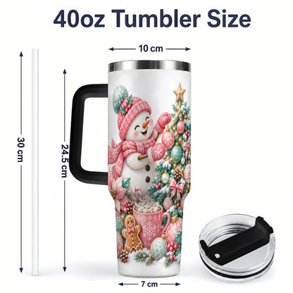 #pl[40oz|Black] Pink Snowman Christmas Handled Tumbler, 40oz Winter Drinkware