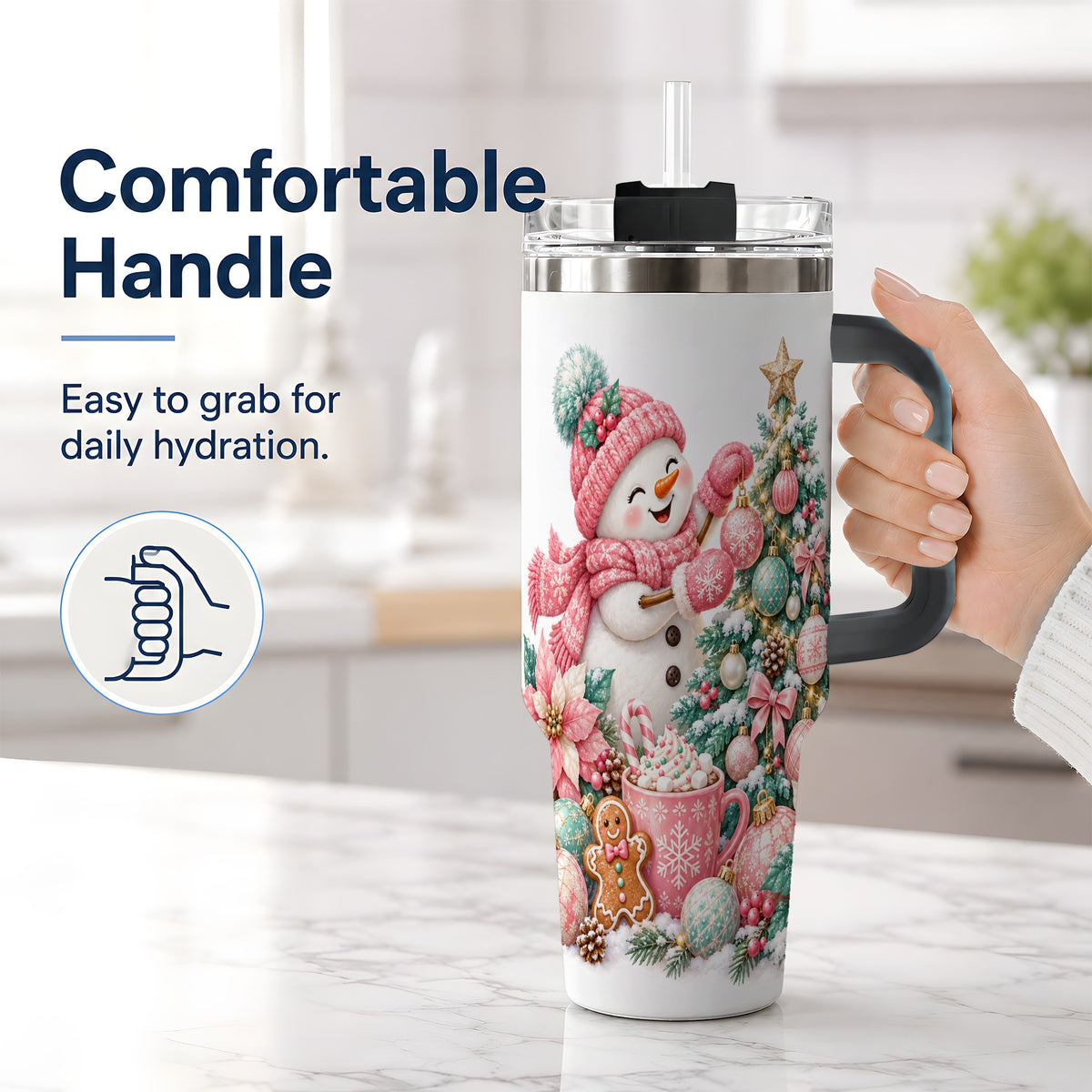 #pl[40oz|Black] Pink Snowman Christmas Handled Tumbler, 40oz Winter Drinkware