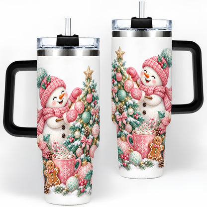 #pl[40oz|Black] Pink Snowman Christmas Handled Tumbler, 40oz Winter Drinkware