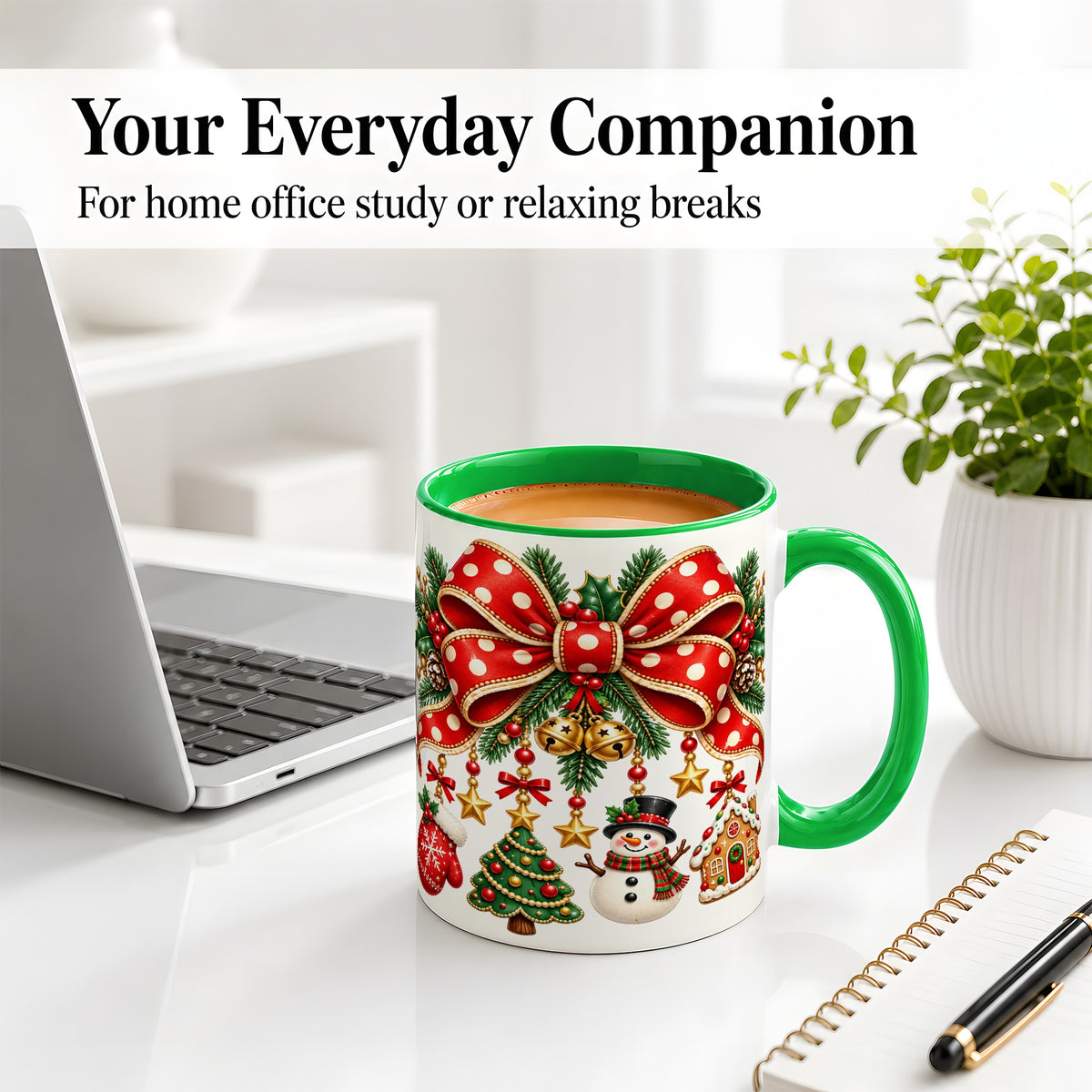 #pl[11oz|Green] Christmas Bow Ornaments Accent Mug, Ceramic Holiday Coffee Cup