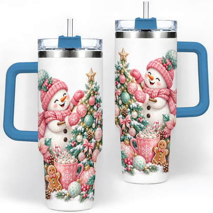 #pl[40oz|Blue] Pink Snowman Christmas Handled Tumbler, 40oz Winter Drinkware