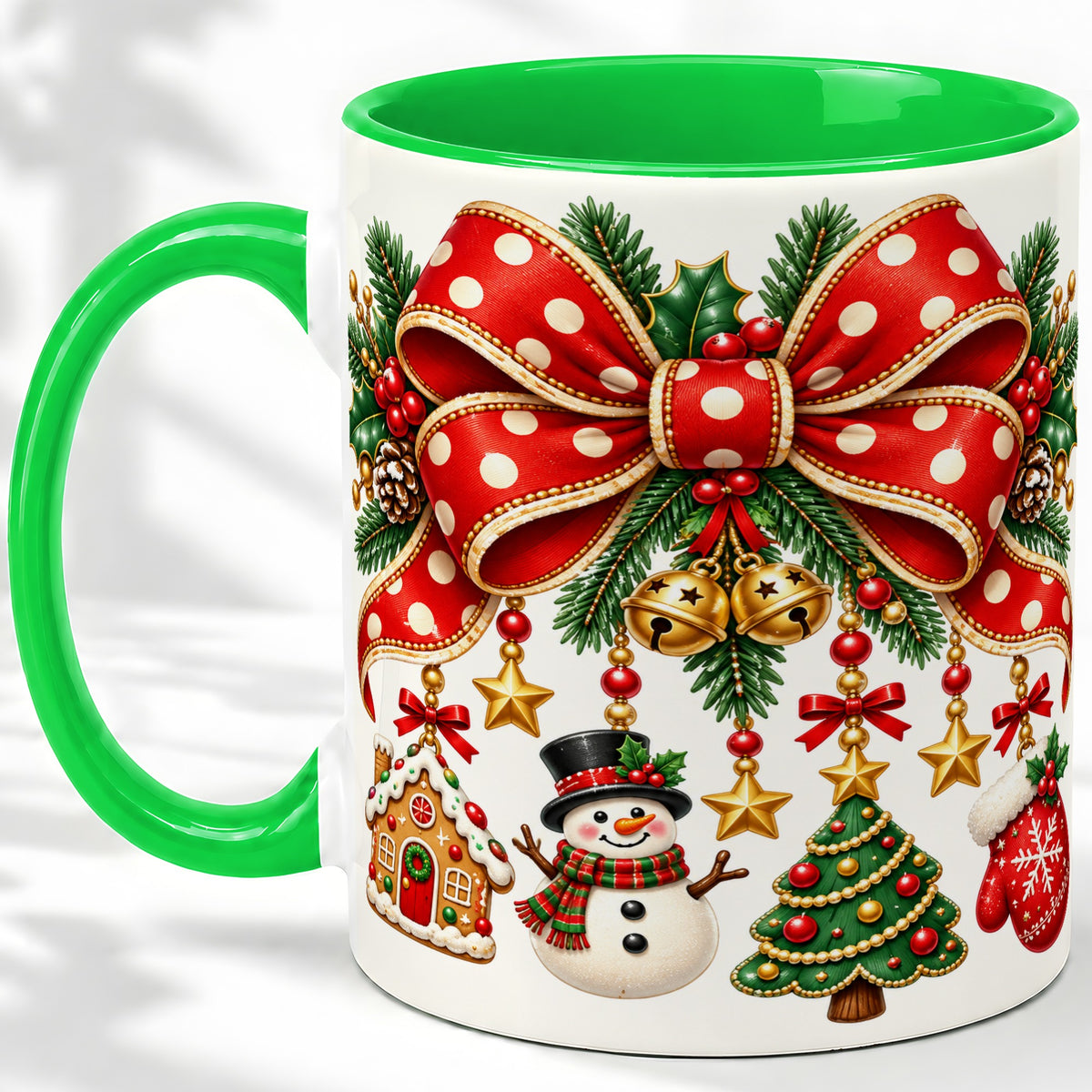 #pl[11oz|Green] Christmas Bow Ornaments Accent Mug, Ceramic Holiday Coffee Cup