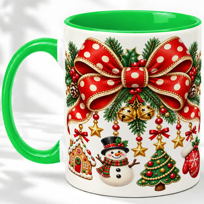 #pl[11oz|Green] Christmas Bow Ornaments Accent Mug, Ceramic Holiday Coffee Cup