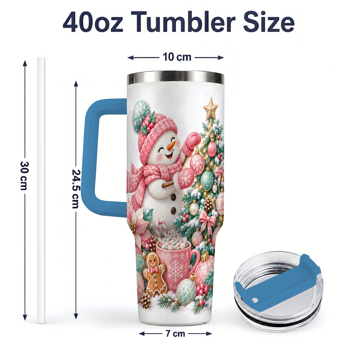 #pl[40oz|Blue] Pink Snowman Christmas Handled Tumbler, 40oz Winter Drinkware