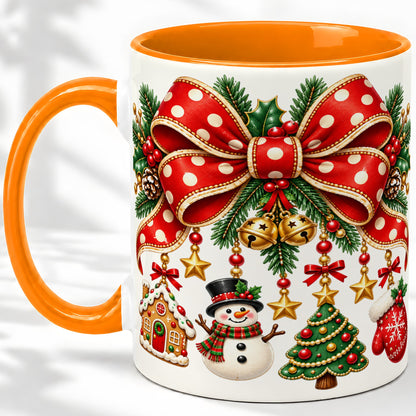 #pl[11oz|Orange] Christmas Bow Ornaments Accent Mug, Ceramic Holiday Coffee Cup