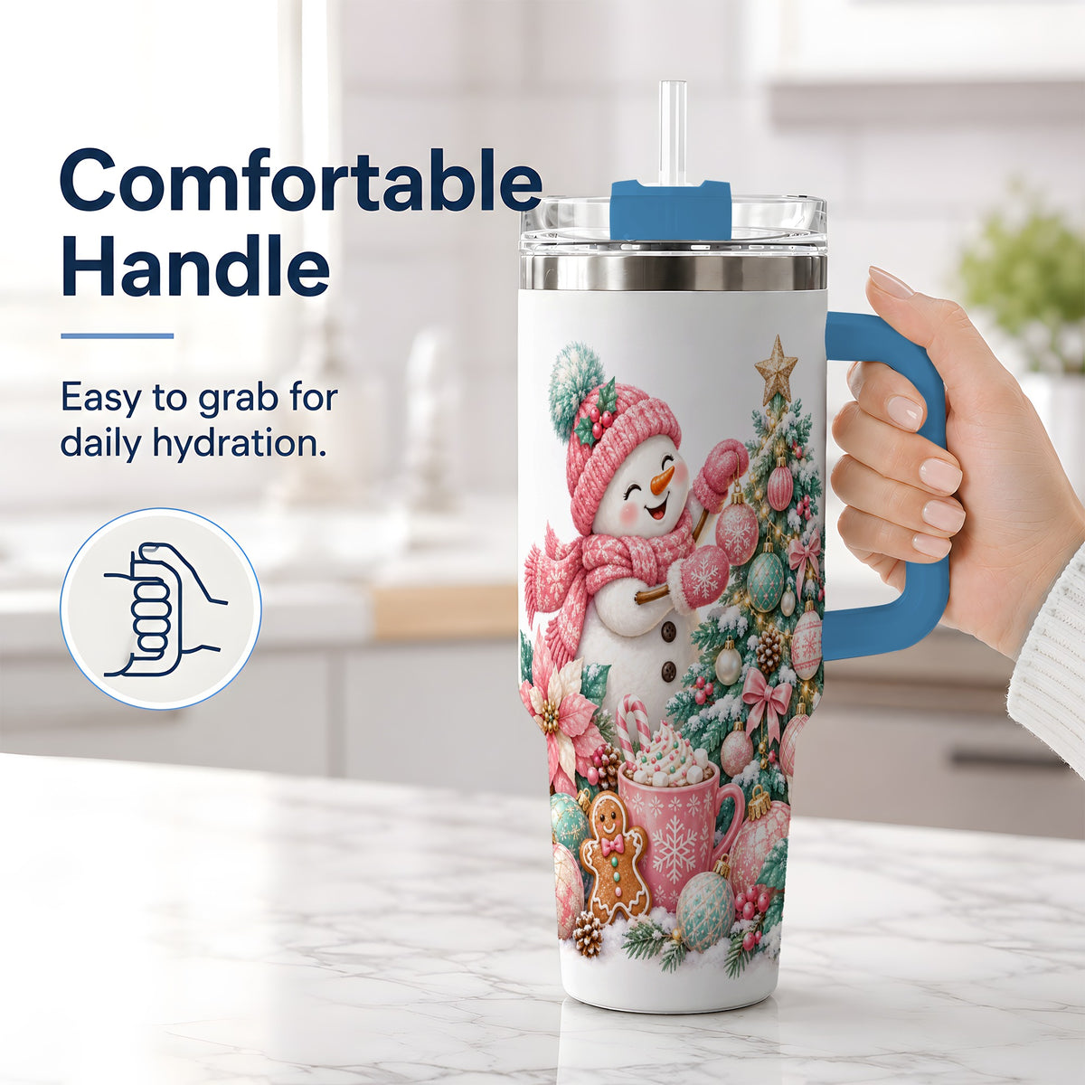 #pl[40oz|Blue] Pink Snowman Christmas Handled Tumbler, 40oz Winter Drinkware