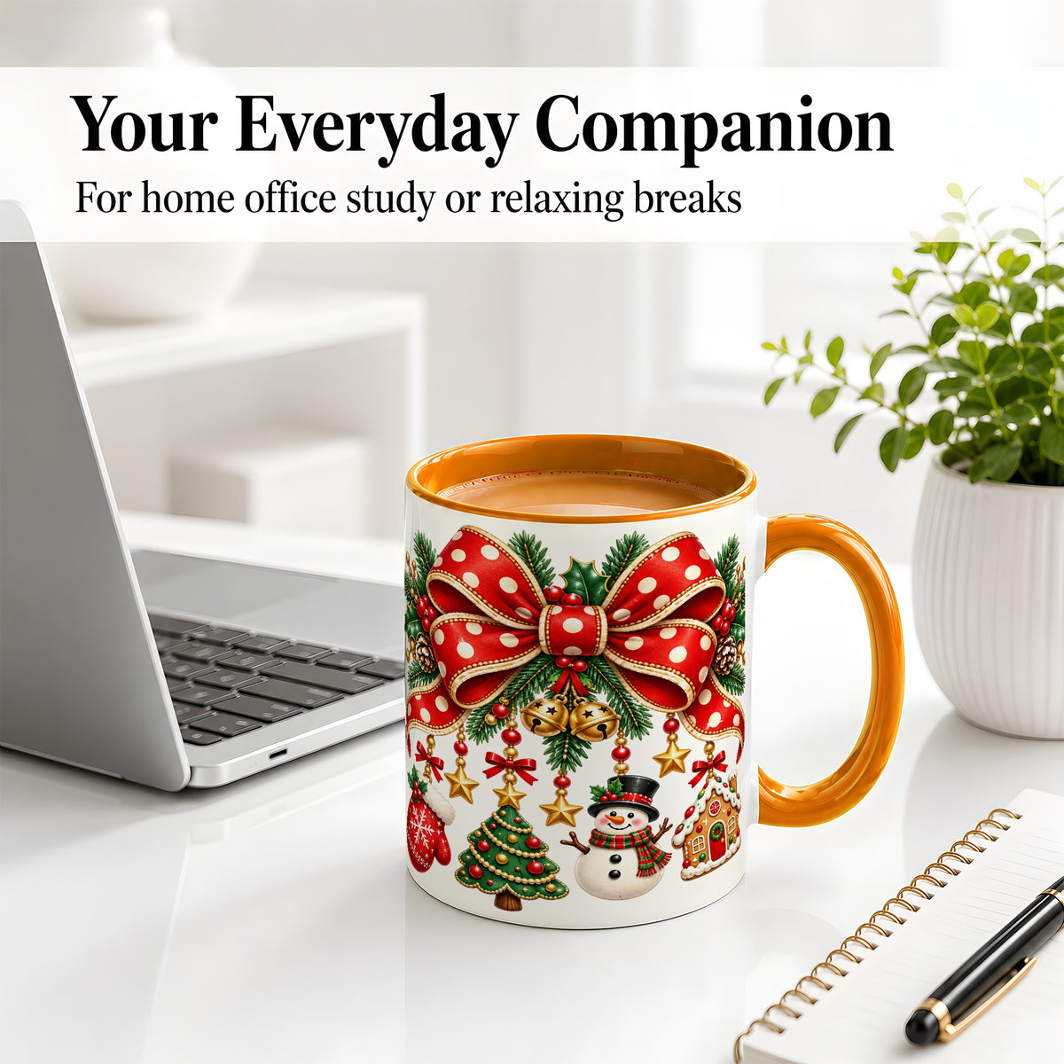 #pl[11oz|Orange] Christmas Bow Ornaments Accent Mug, Ceramic Holiday Coffee Cup