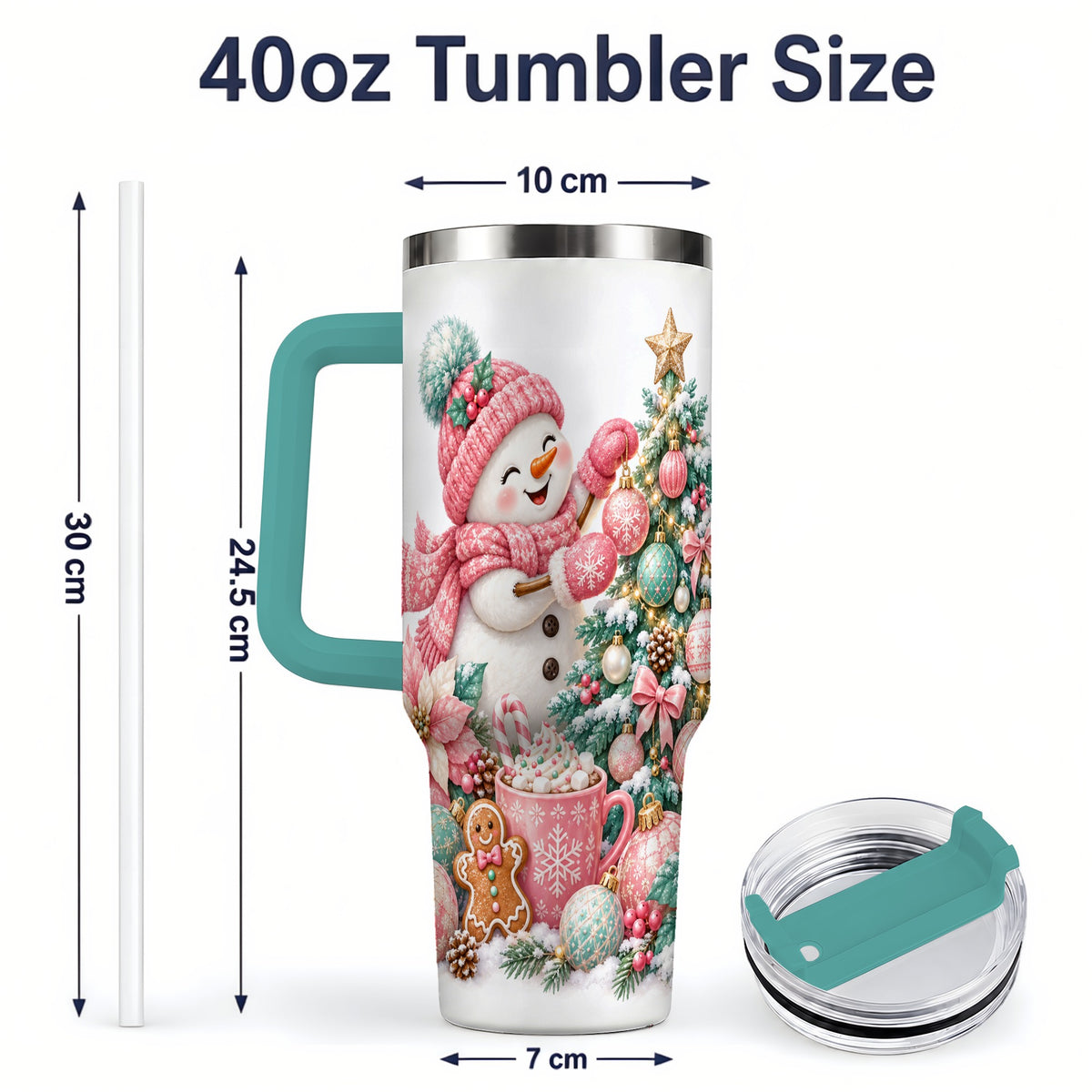 #pl[40oz|Green] Pink Snowman Christmas Handled Tumbler, 40oz Winter Drinkware