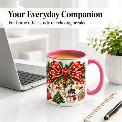 #pl[11oz|Pink] Christmas Bow Ornaments Accent Mug, Ceramic Holiday Coffee Cup