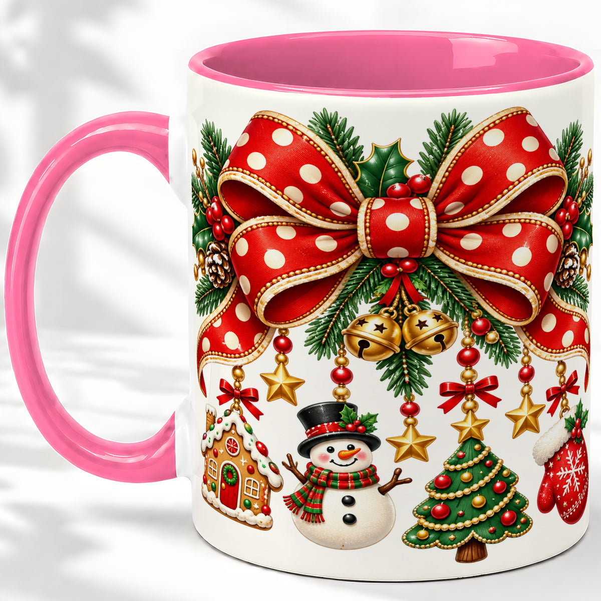 #pl[11oz|Pink] Christmas Bow Ornaments Accent Mug, Ceramic Holiday Coffee Cup