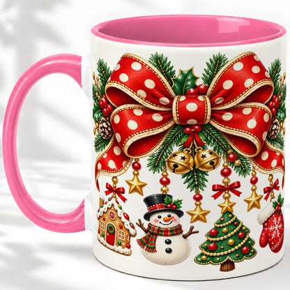 #pl[11oz|Pink] Christmas Bow Ornaments Accent Mug, Ceramic Holiday Coffee Cup