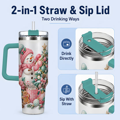 #pl[40oz|Green] Pink Snowman Christmas Handled Tumbler, 40oz Winter Drinkware
