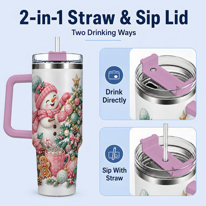 #pl[40oz|Pink] Pink Snowman Christmas Handled Tumbler, 40oz Winter Drinkware