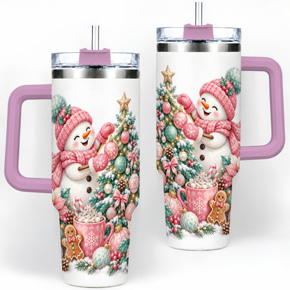 #pl[40oz|Pink] Pink Snowman Christmas Handled Tumbler, 40oz Winter Drinkware