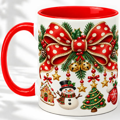 Christmas Bow Ornaments Accent Mug, Ceramic Holiday Coffee Cup