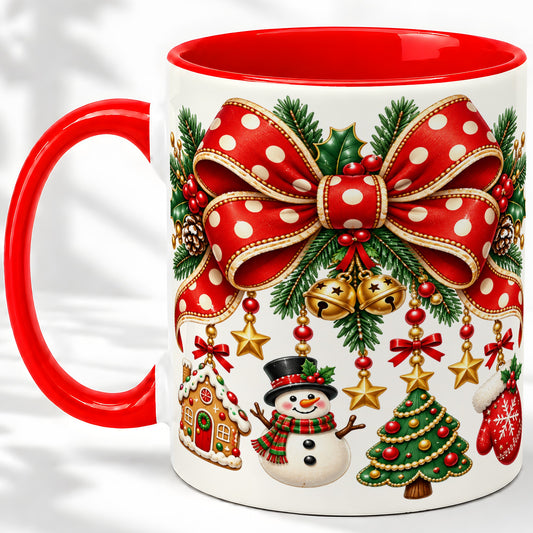 Christmas Bow Ornaments Accent Mug, Ceramic Holiday Coffee Cup