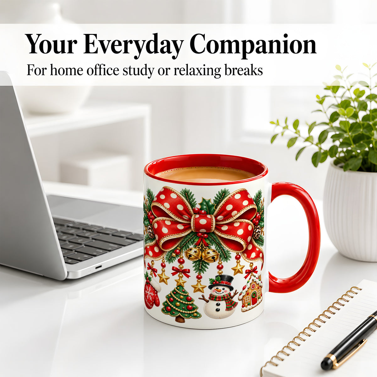 #pl[11oz|Red] Christmas Bow Ornaments Accent Mug, Ceramic Holiday Coffee Cup